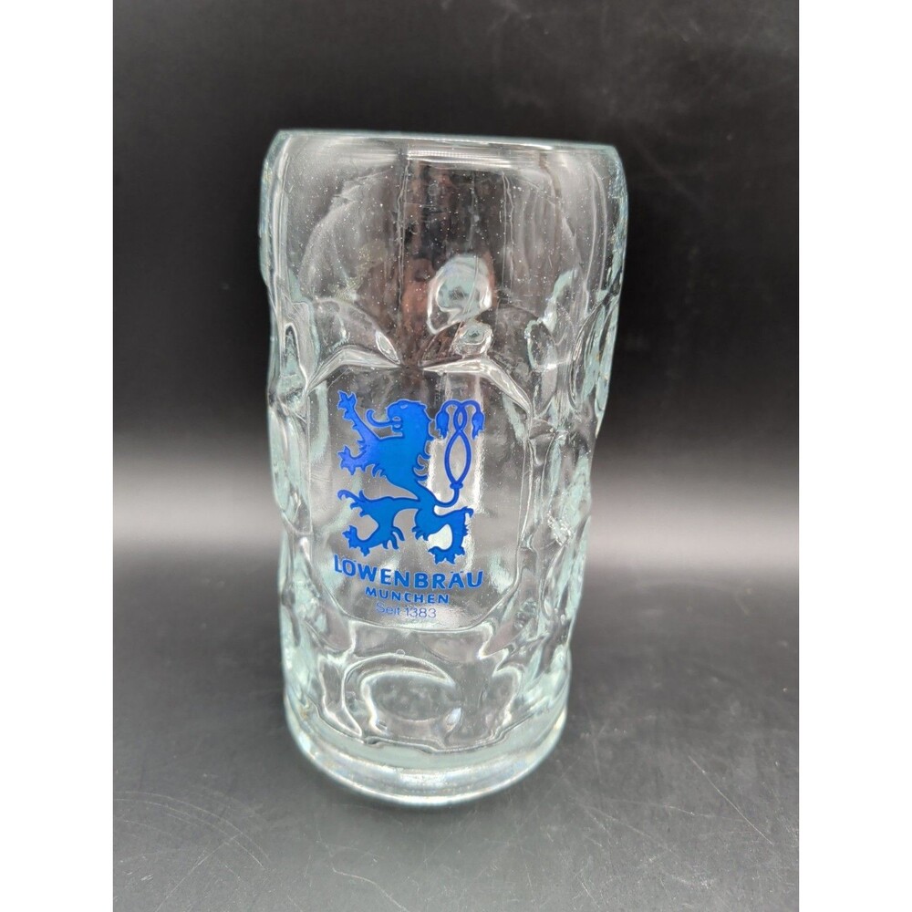 LOWENBRAU 1 Liter Large Glass Beer Mug Bier Octoberfest 8" Dimpled